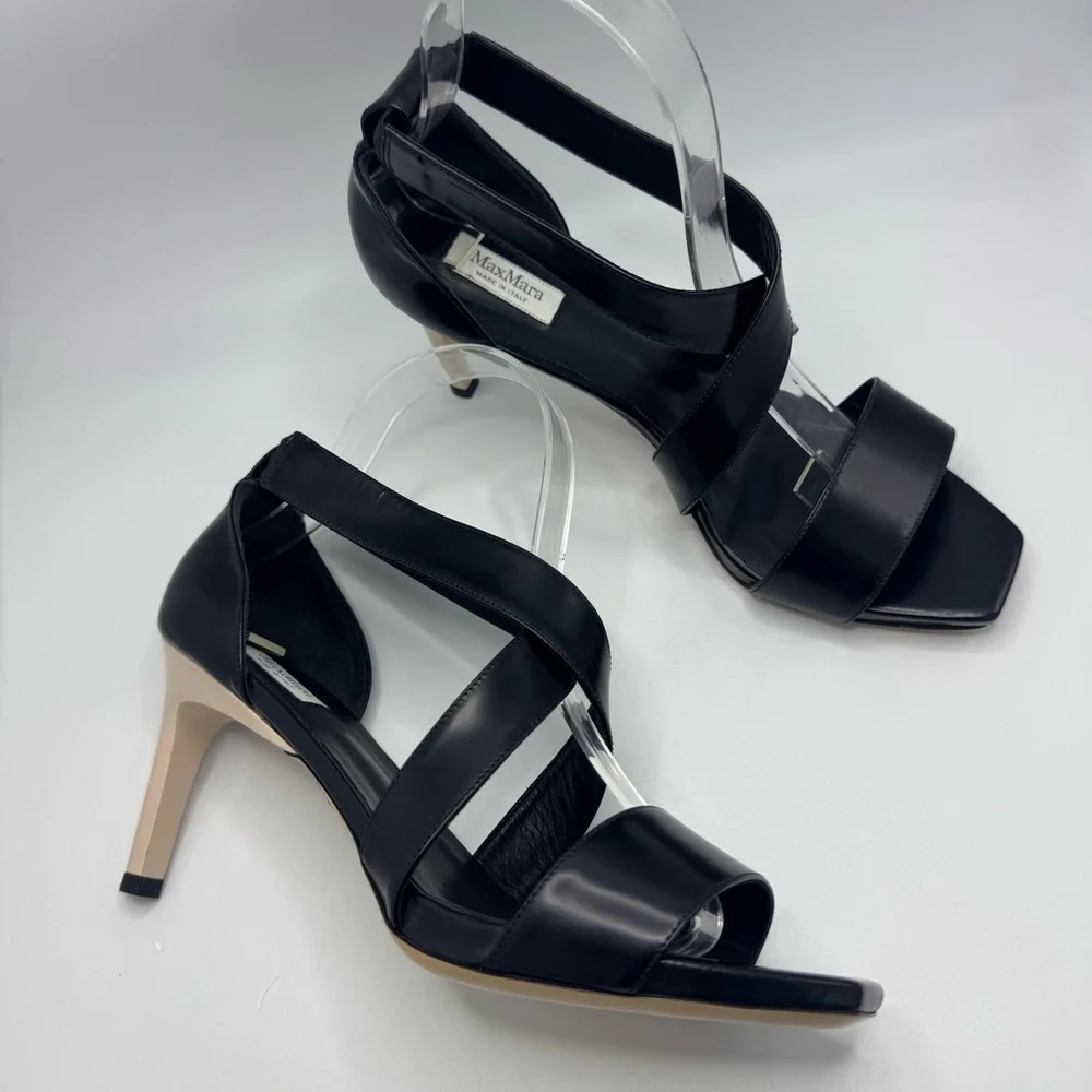 Max Mara Strappy Leather Heeled Square Toe Sandals Black Ivory Size 39